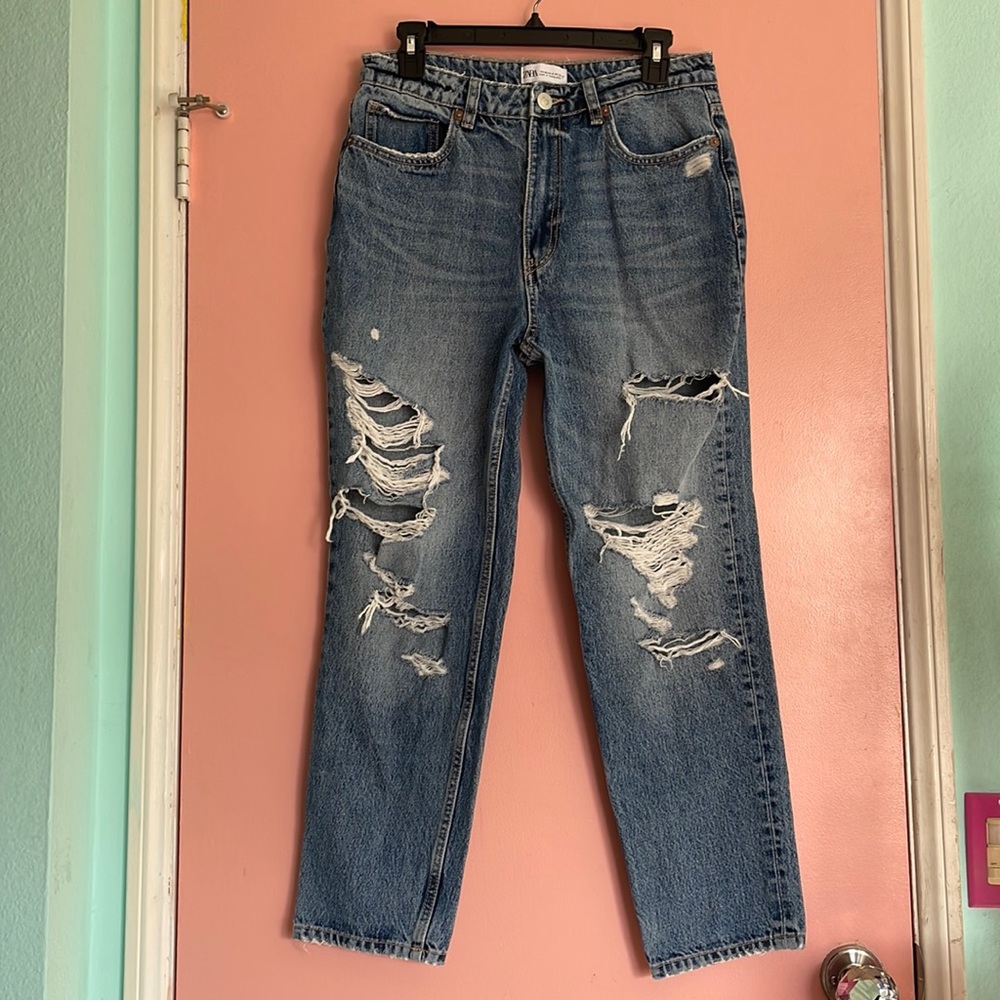 Zara dark wash denim ripped jeans